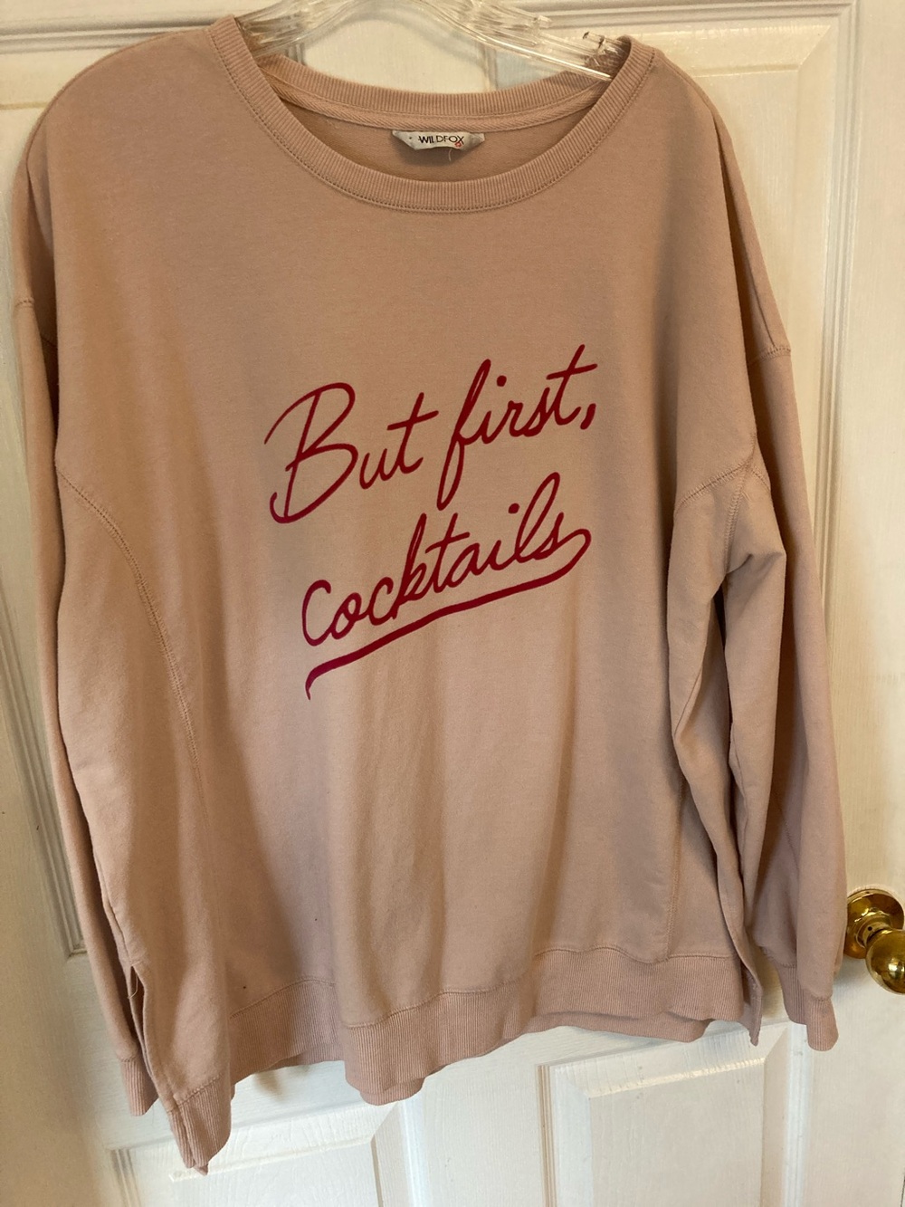 Wildfox blush pink oversized crewneck fuchsia script “But first cocktails” - Picture 3 of 7